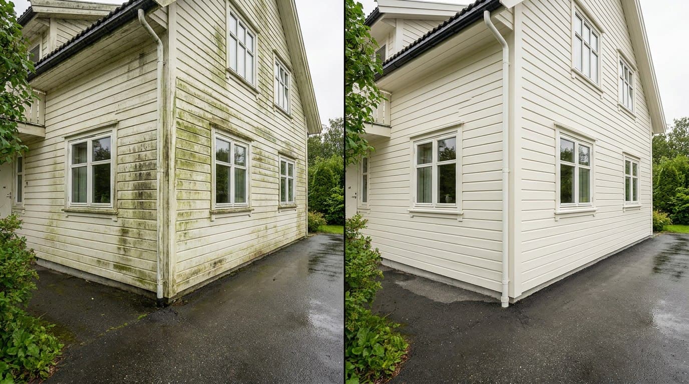 Samme hus før og etter fasadevask, skitten og grønnskete til venstre, ren og lys til høyre