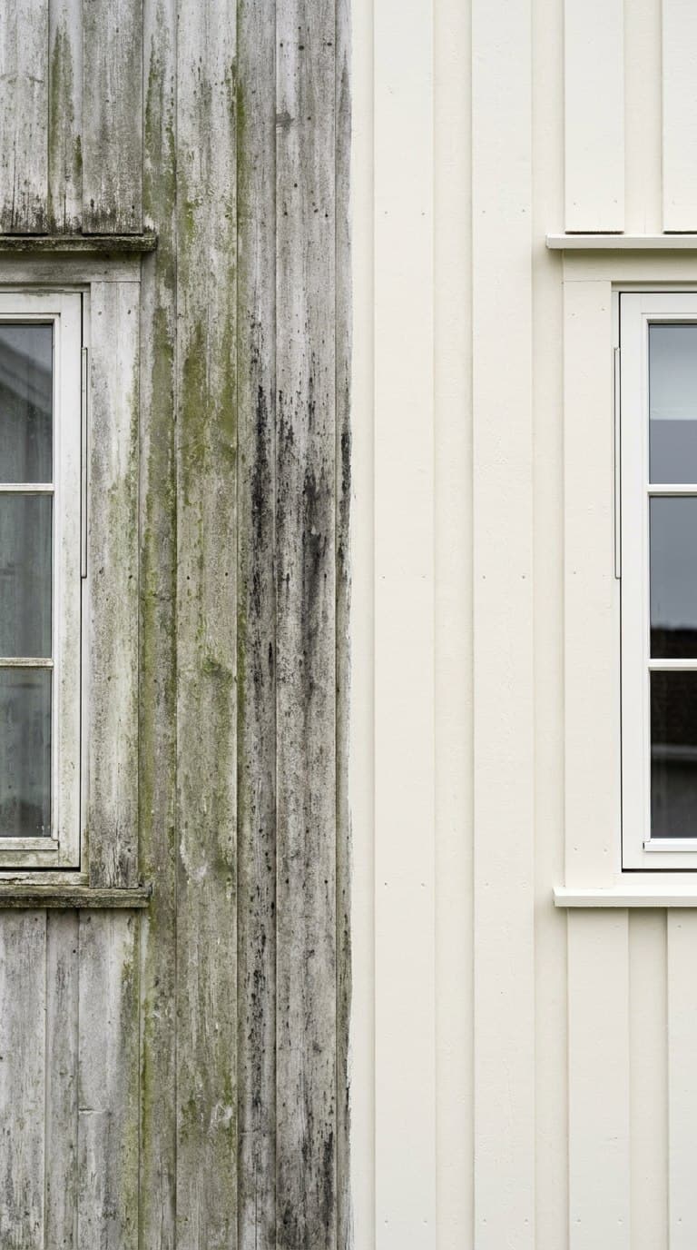 Husvegg i stående trekledning der venstre halvdel er grå av grønske og høyre halvdel er nyvasket og lys